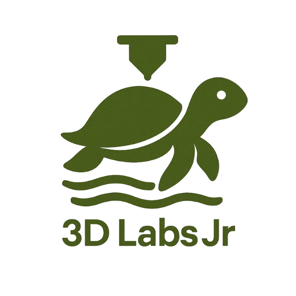 Logo of 3D Labs Jr with a green turtle and 3D printer on a beige background